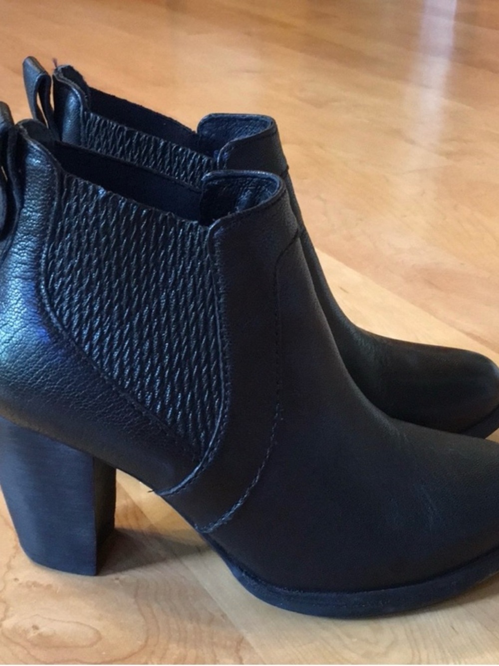 UGG Black Leather Chelsea Ankle Booties with Block Heel